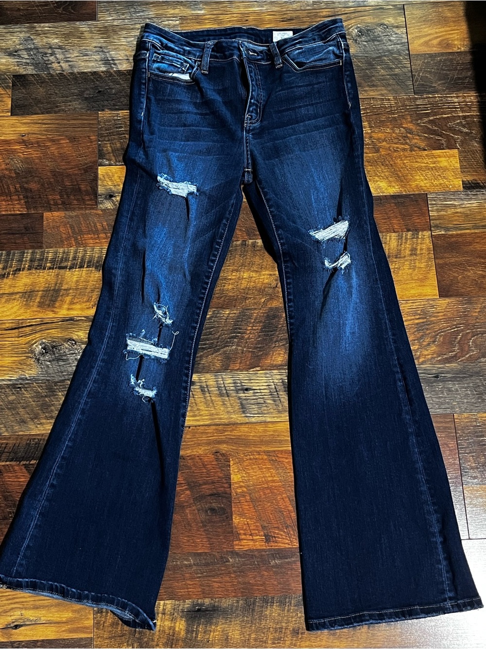 Bridge by Gly Women's Dark Blue Distressed Flare Jeans